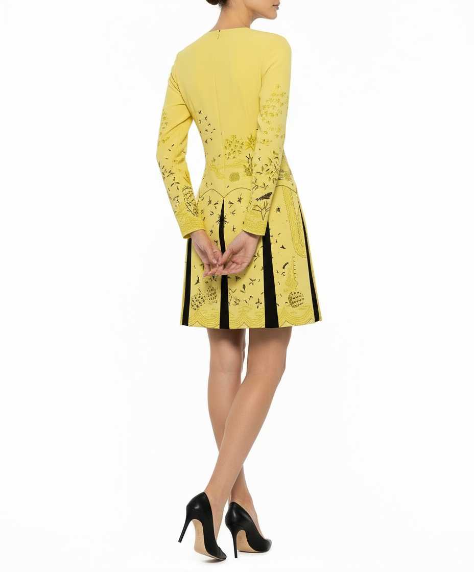 Valentino Garavani Yellow Pleated Hem Printed Dress IT 36 Valentino Garavani Yellow Pleated Hem Printed Dress IT 36
