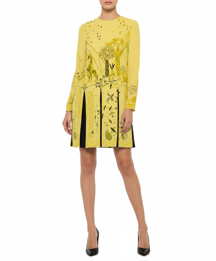 Valentino Garavani Yellow Pleated Hem Printed Dress
