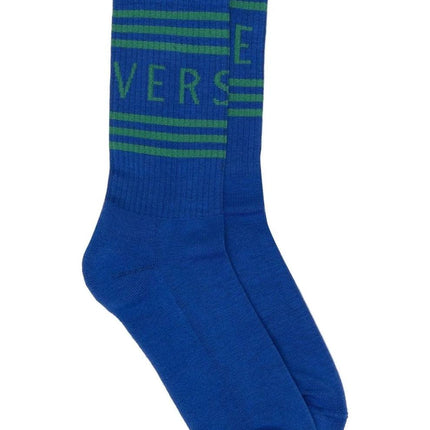 Versace Blue Striped Logo Socks - Ellie Belle