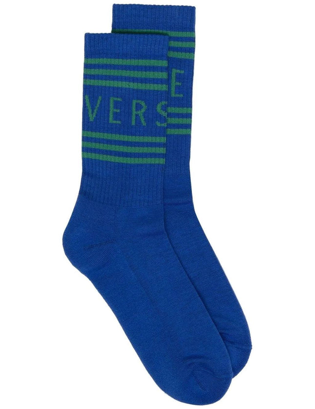 Versace Blue Striped Logo Socks - Ellie Belle