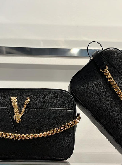 Versace black calfskin Virtus camera bags with gold chain