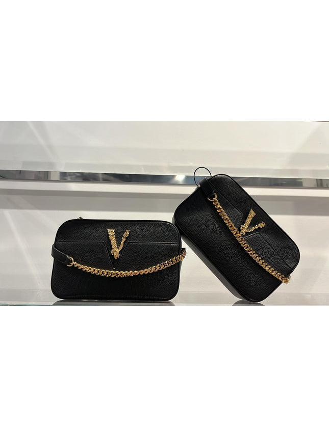 Versace Grainy Calfskin Small Virtus Camera Bag Black - Ellie Belle