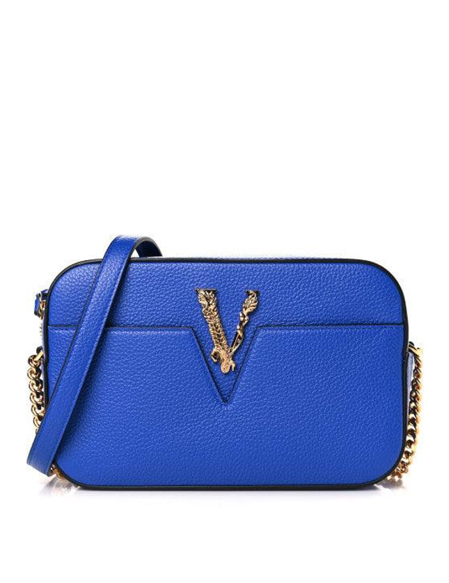 Versace Grainy Calfskin Small Virtus Camera Bag Blue - Ellie Belle