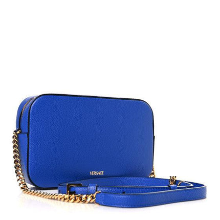 Versace Grainy Calfskin Small Virtus Camera Bag Blue - Ellie Belle