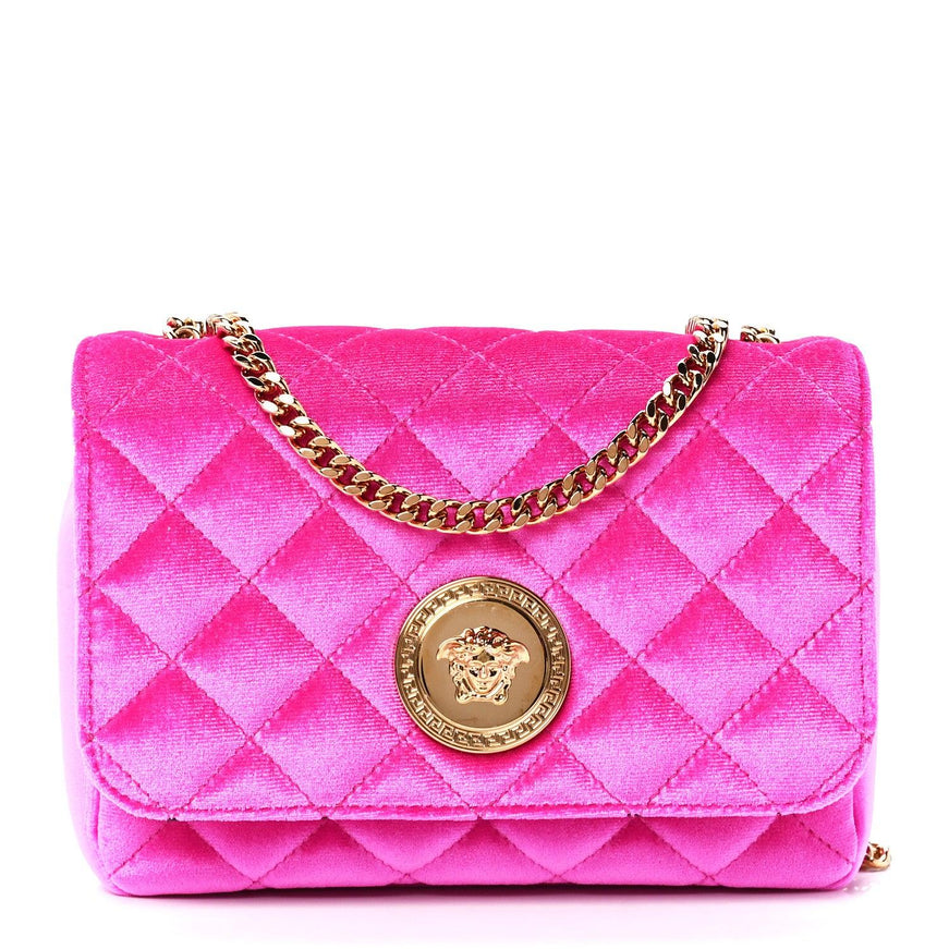 Versace Pink Velvet Quilted Medusa Chain Crossbody Bag - Ellie Belle