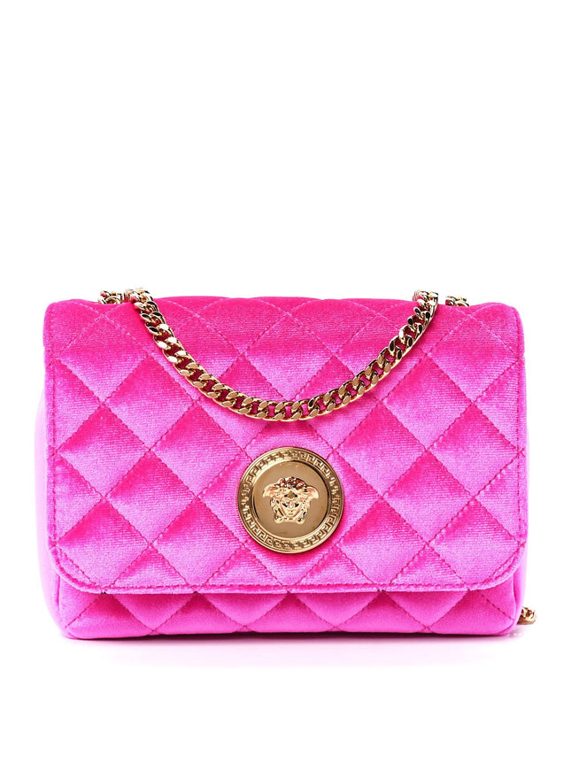 Versace Pink Velvet Quilted Medusa Chain Crossbody Bag - Ellie Belle