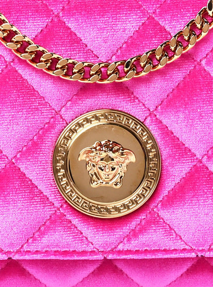 Versace Pink Velvet Quilted Medusa Chain Crossbody Bag - Ellie Belle