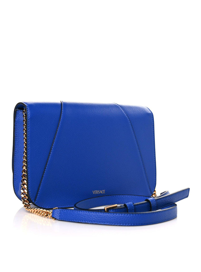 Versace Textured Calfskin Virtus V Chain Crossbody Bag Blue - Ellie Belle