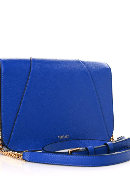 Versace Textured Calfskin Virtus V Chain Crossbody Bag Blue - Ellie Belle