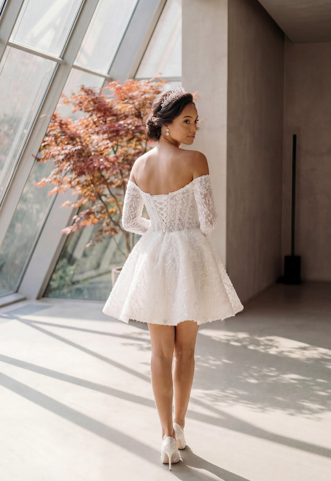 Ellie Belle Vivienne Off Shoulder Mini Bridal Dress