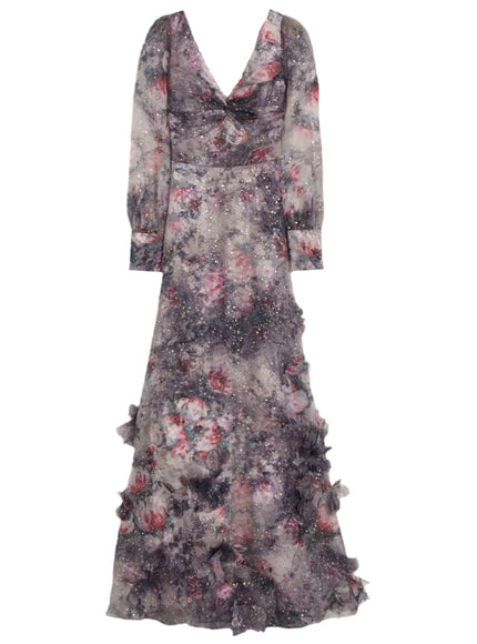 Marchesa Floral Blouson-Sleeve Gown