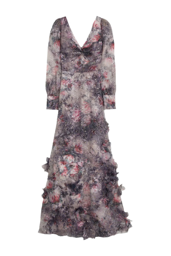 Marchesa Floral Blouson-Sleeve Gown