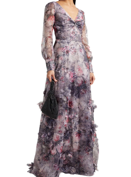 Marchesa Floral Blouson-Sleeve Gown