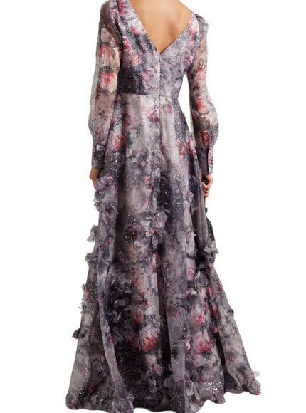Marchesa Floral Blouson-Sleeve Gown