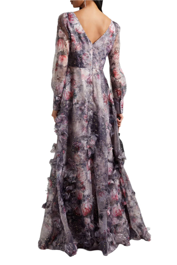 Marchesa Floral Blouson-Sleeve Gown