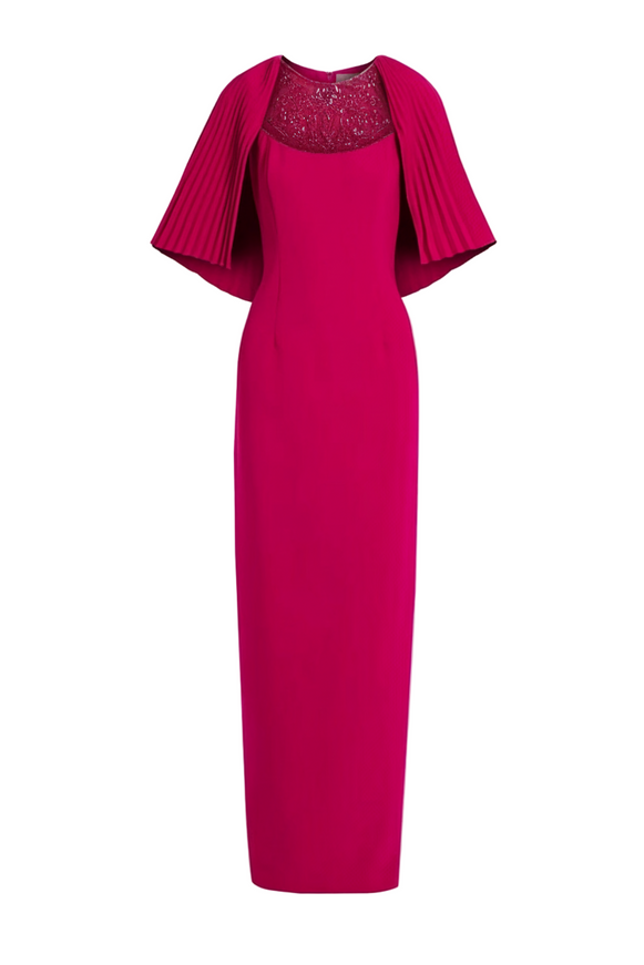 Theia Embellished Cape-Effect Crepe Gown