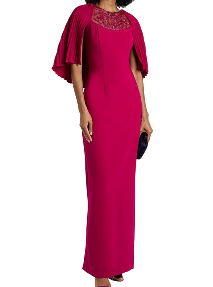 Theia Embellished Cape-Effect Crepe Gown