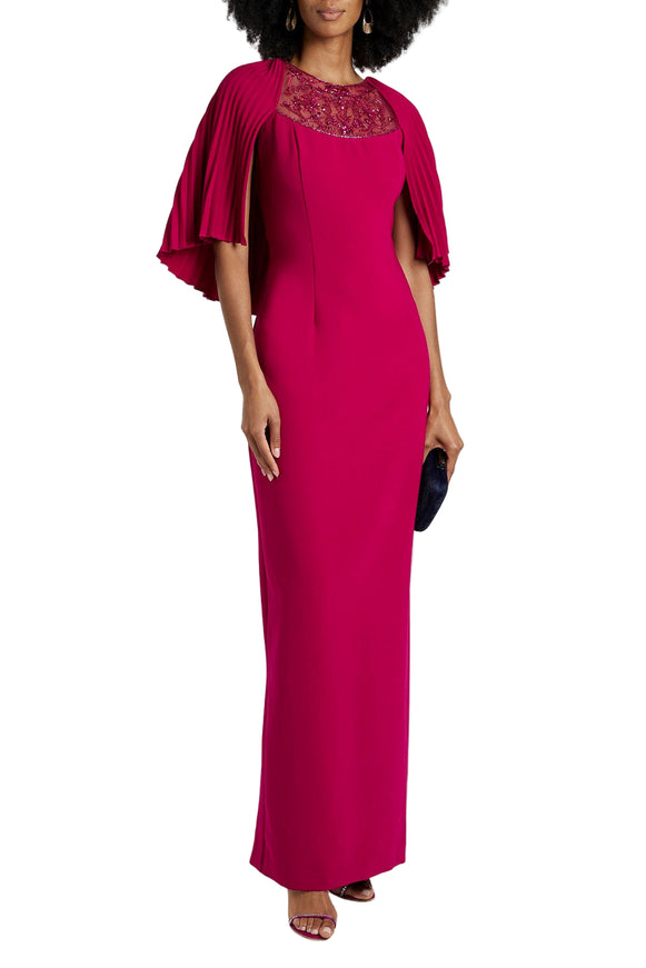 Theia Embellished Cape-Effect Crepe Gown