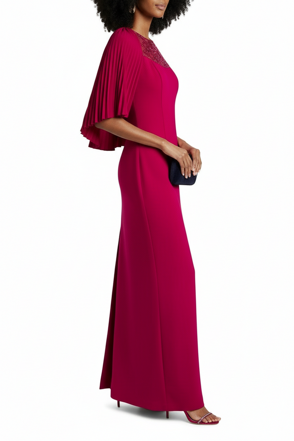Theia Embellished Cape-Effect Crepe Gown