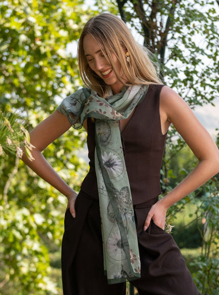 Elizabetta Botanica Long Sheer Silk Scarf - Green