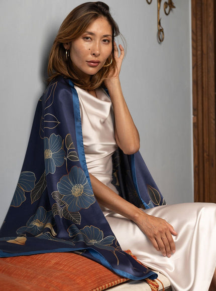 Laura - Silk Scarf Shawl - Navy