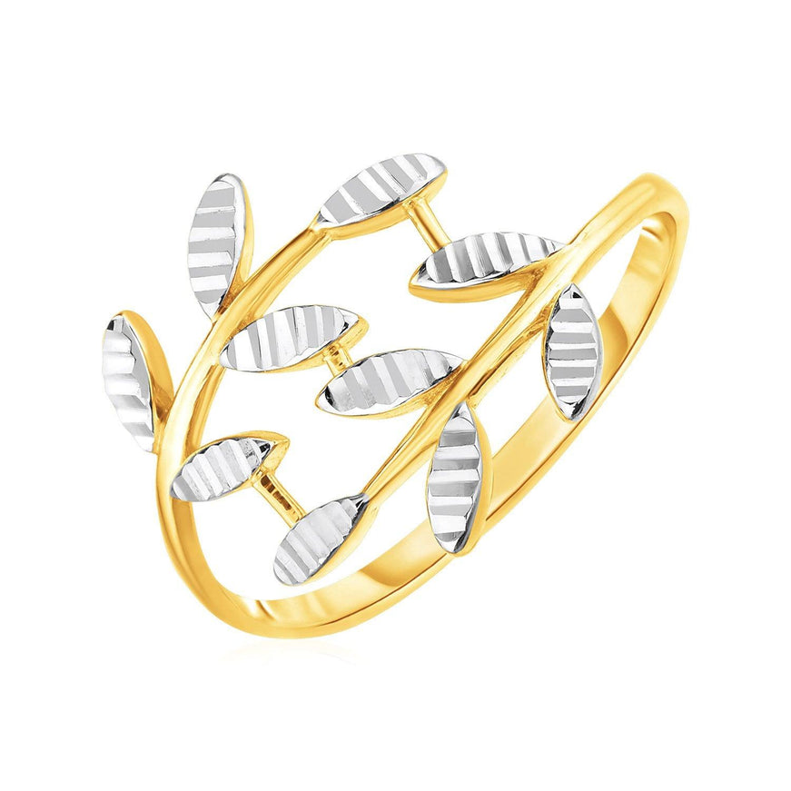 14k Two Tone Gold Crossover Ring with Textured Leaves - Ellie Belle