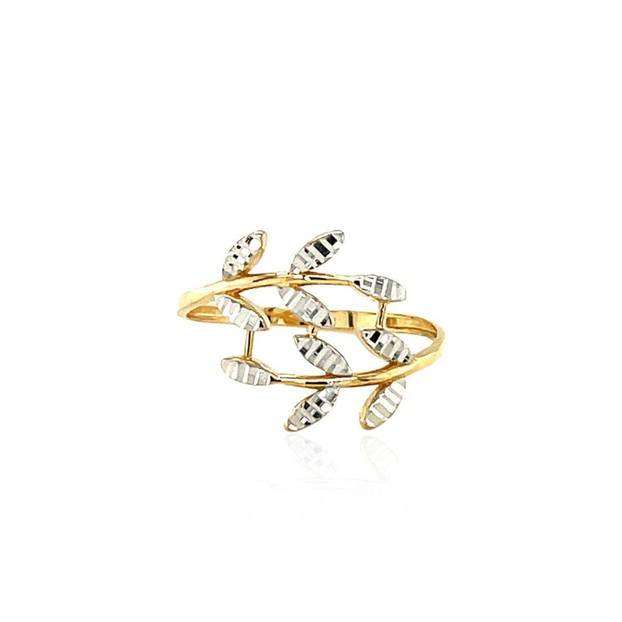 14k Two Tone Gold Crossover Ring with Textured Leaves - Ellie Belle