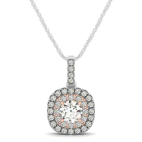 14k White And Rose Gold Cushion Shape Halo Diamond Pendant (1/2 cttw) - Ellie Belle