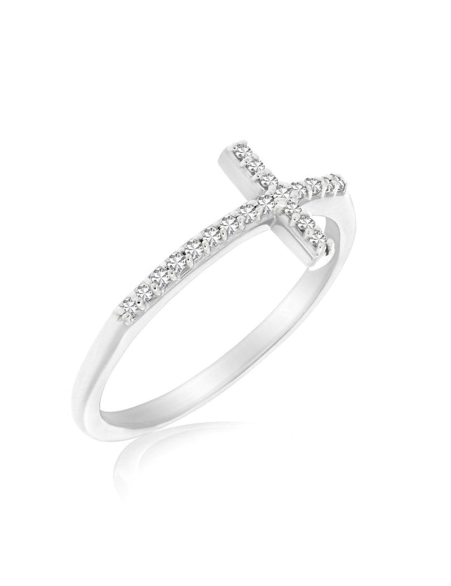 14k White Gold Cross Motif Ring with Diamond Accents (.11cttw) - Ellie Belle