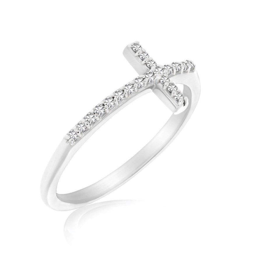 14k White Gold Cross Motif Ring with Diamond Accents (.11cttw) - Ellie Belle