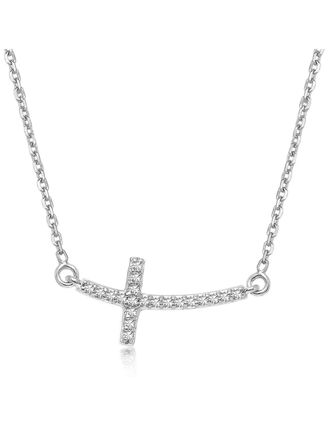 14k White Gold Curved Cross Diamond Studded Necklace (.11cttw) - Ellie Belle