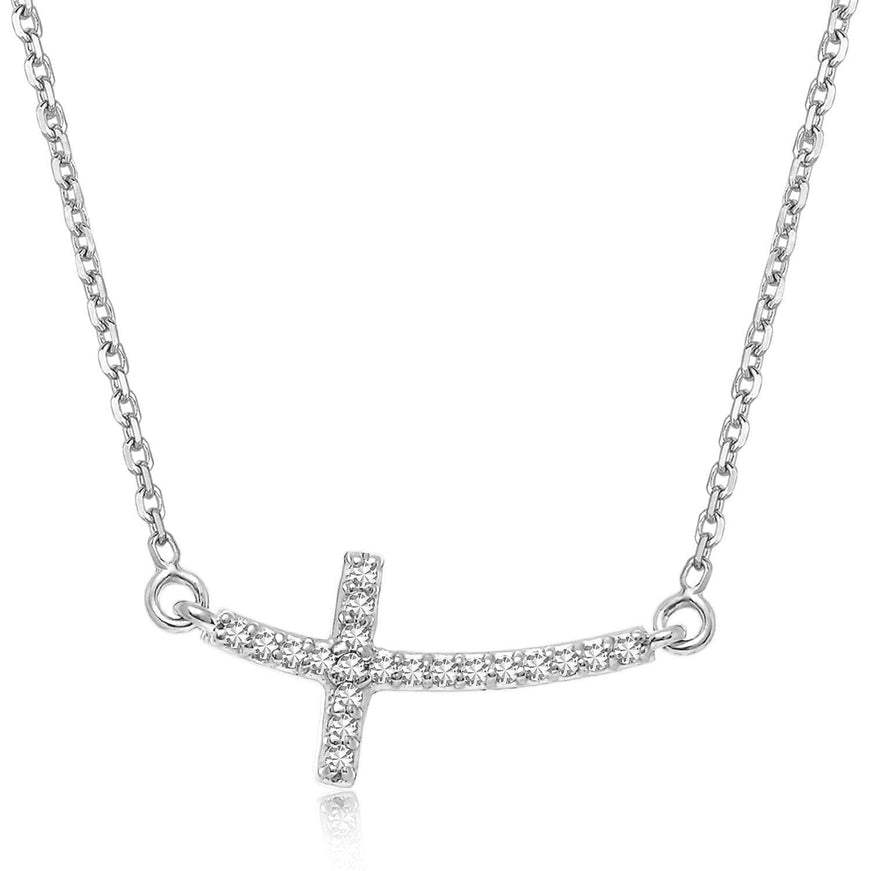 14k White Gold Curved Cross Diamond Studded Necklace (.11cttw) - Ellie Belle