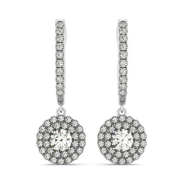 14k White Gold Double Halo Round Diamond Drop Earrings (1 cttw) - Ellie Belle