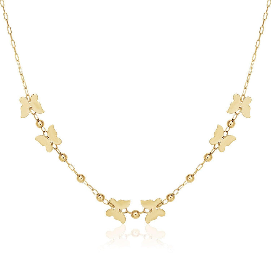 14k Yellow Gold 18 inch Necklace with Polished Butterflies and Beads - Ellie Belle