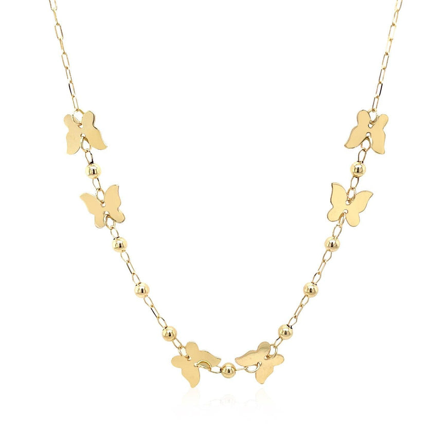 14k Yellow Gold 18 inch Necklace with Polished Butterflies and Beads - Ellie Belle