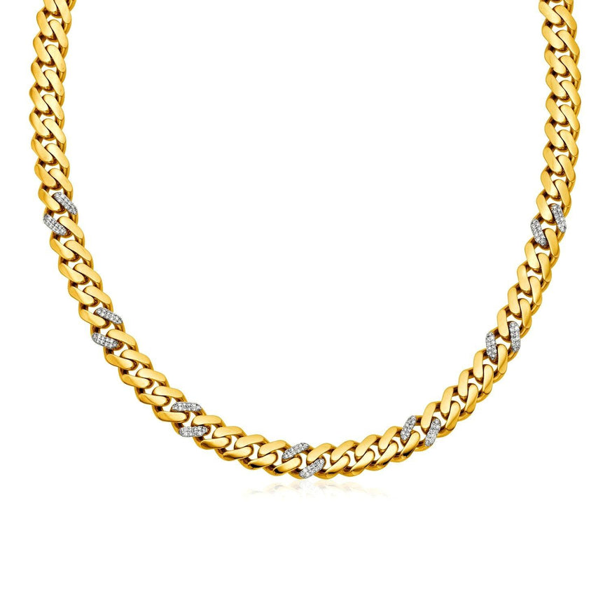 14k Yellow Gold 18 inch Polished Curb Chain Necklace with Diamonds - Ellie Belle