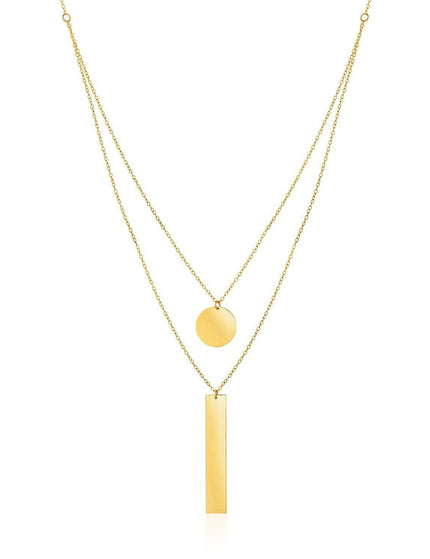 14k Yellow Gold 18 inch Two Strand Necklace with Circle and Bar Pendants - Ellie Belle