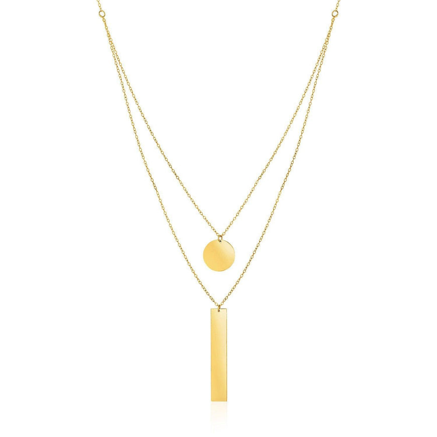 14k Yellow Gold 18 inch Two Strand Necklace with Circle and Bar Pendants - Ellie Belle