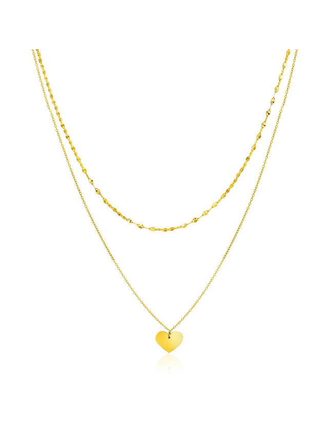 14k Yellow Gold 18 inch Two Strand Necklace with Heart Pendant - Ellie Belle