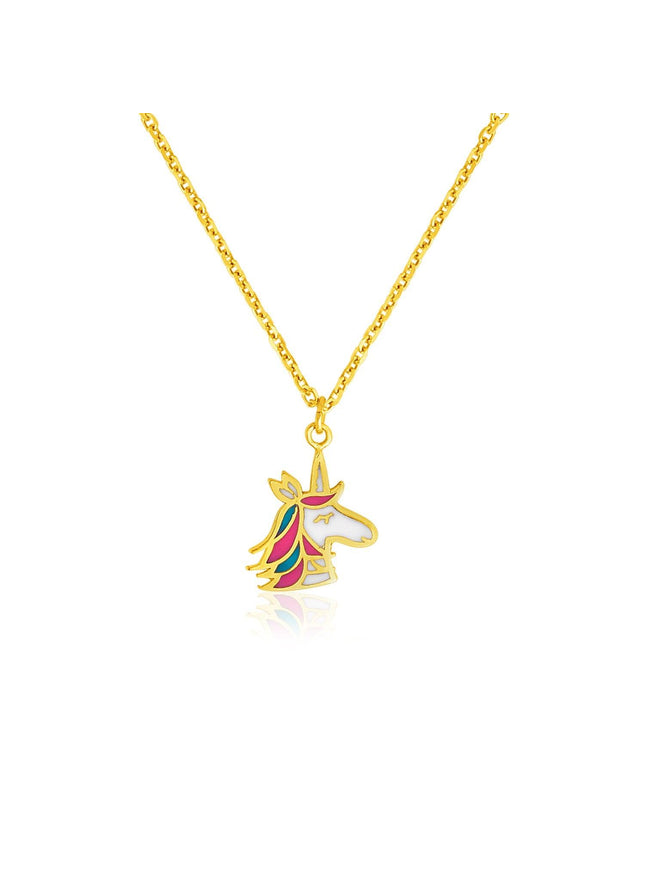 14k Yellow Gold Childrens Necklace with Enameled Unicorn Pendant - Ellie Belle