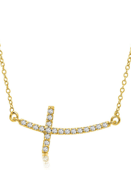 14k Yellow Gold Curved Crucifix Diamond Accented Necklace (.21cttw) - Ellie Belle