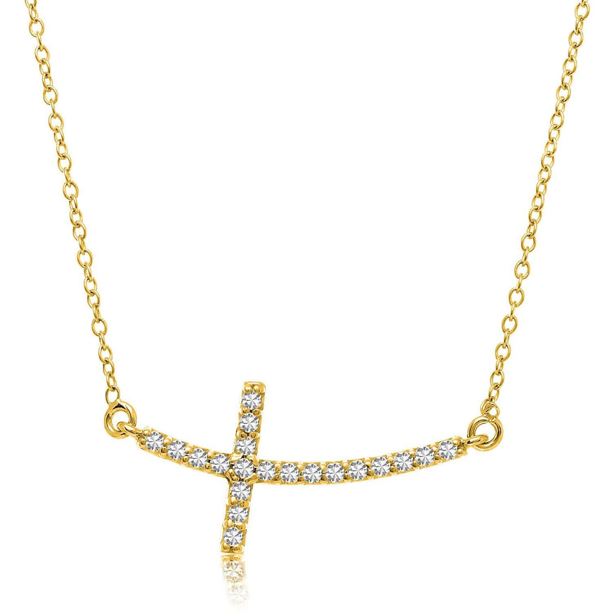 14k Yellow Gold Curved Crucifix Diamond Accented Necklace (.21cttw) - Ellie Belle