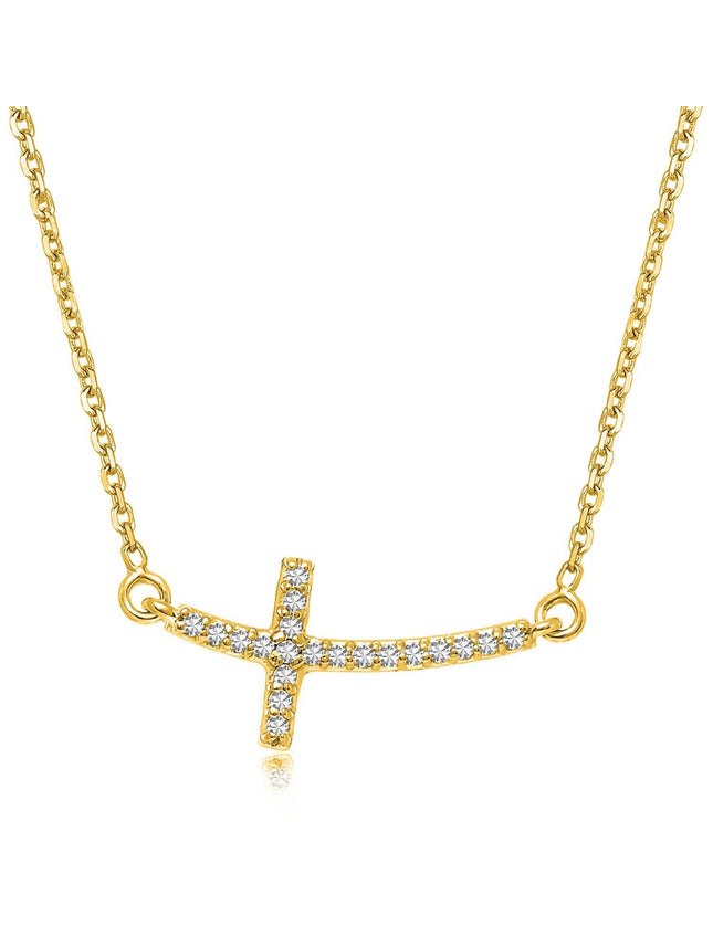14k Yellow Gold Diamond Accented Curved Cross Necklace (.11cttw) - Ellie Belle