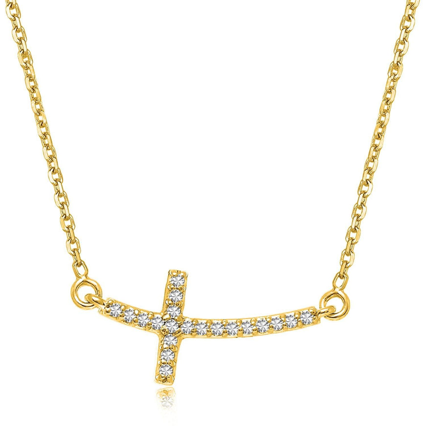 14k Yellow Gold Diamond Accented Curved Cross Necklace (.11cttw) - Ellie Belle