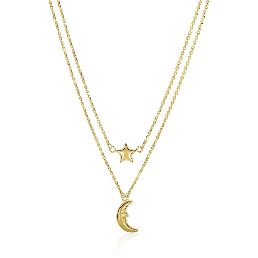 14k Yellow Gold Double-Strand Chain Necklace with Puff Moon and Star - Ellie Belle