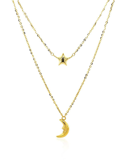 14k Yellow Gold Double-Strand Chain Necklace with Puff Moon and Star - Ellie Belle
