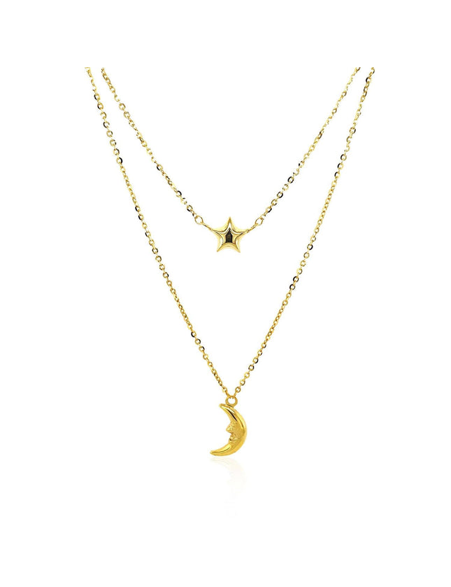 14k Yellow Gold Double-Strand Chain Necklace with Puff Moon and Star - Ellie Belle