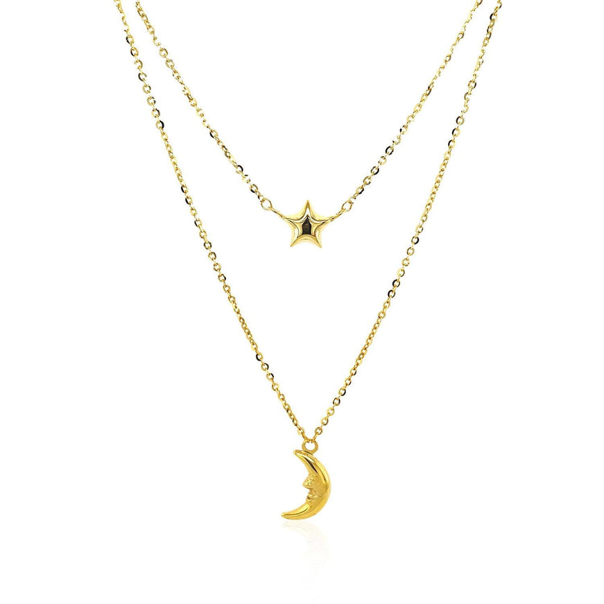 14k Yellow Gold Double-Strand Chain Necklace with Puff Moon and Star - Ellie Belle