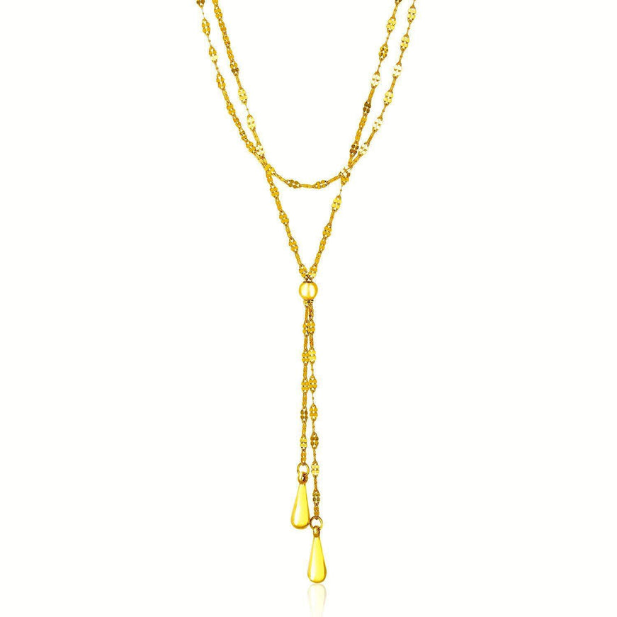 14k Yellow Gold Double Strand Chain with Puffed Heart Lariat Necklace - Ellie Belle