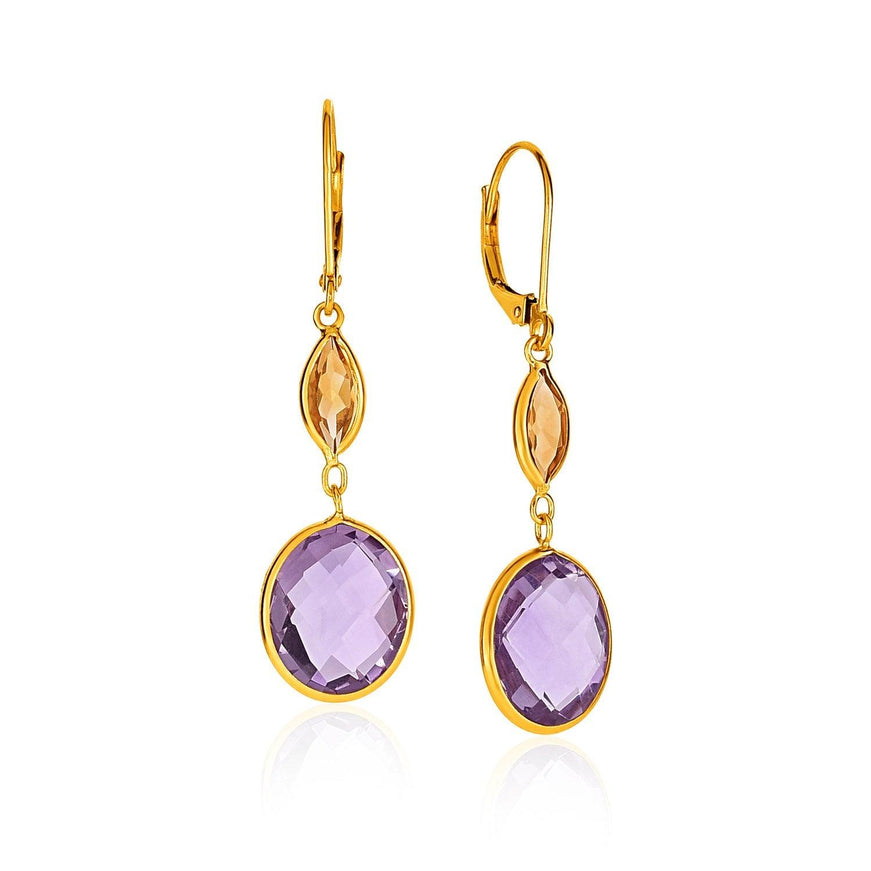 14k Yellow Gold Drop Earrings with Citrine and Amethyst Briolettes - Ellie Belle